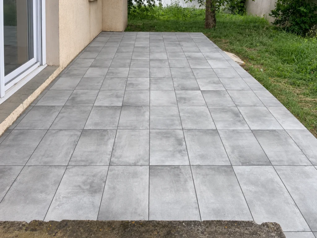 Terrasse en carrelage gris ouverte sur le jardin