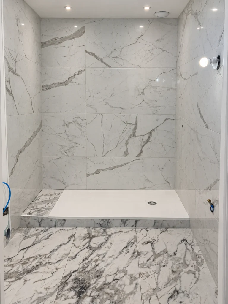 Douche en grands carreaux blancs veinés et receveur blanc